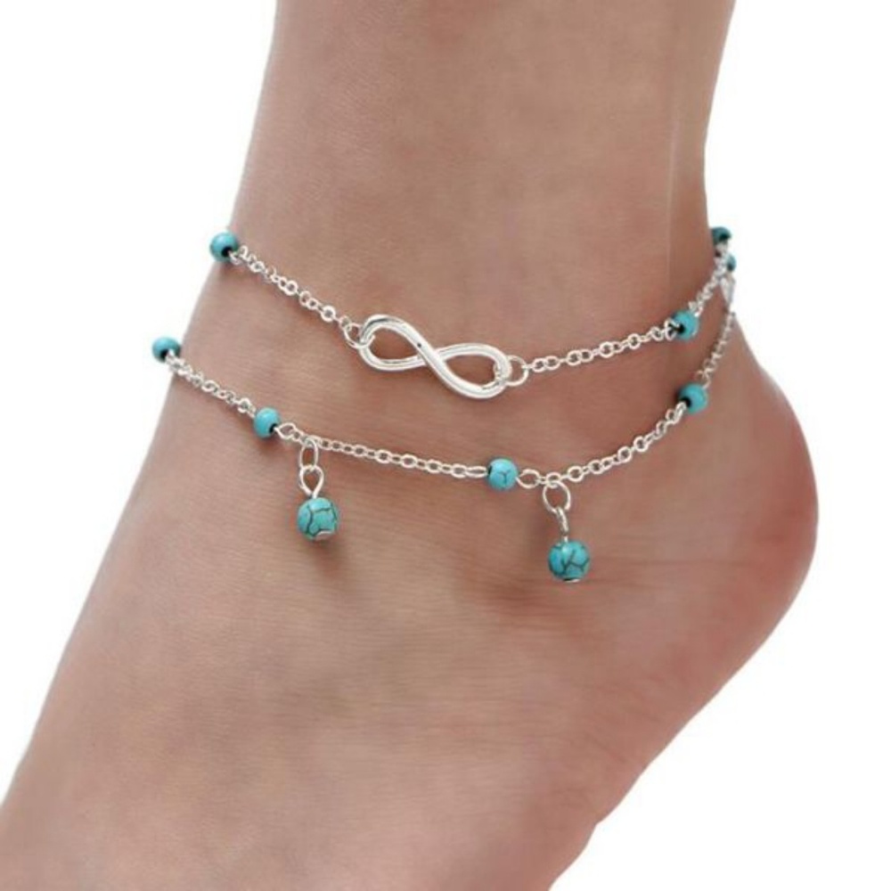 Infinity Faux Turquoise Silver Anklet